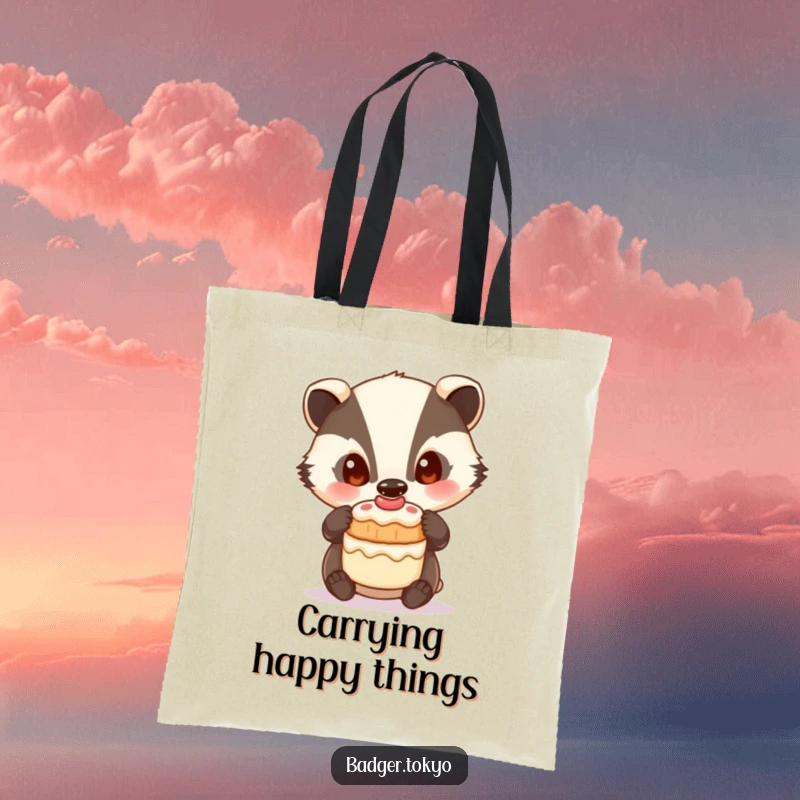 Funny Tote Bag: A badger with curious eyes balances a small cake, ready for your belongings.