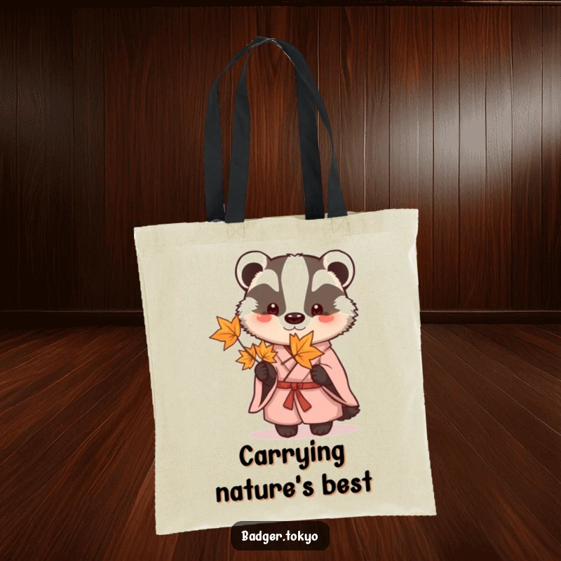 Funny Tote Bag: A stylish badger in a kimono holds a single maple leaf, ready for your shopping needs.