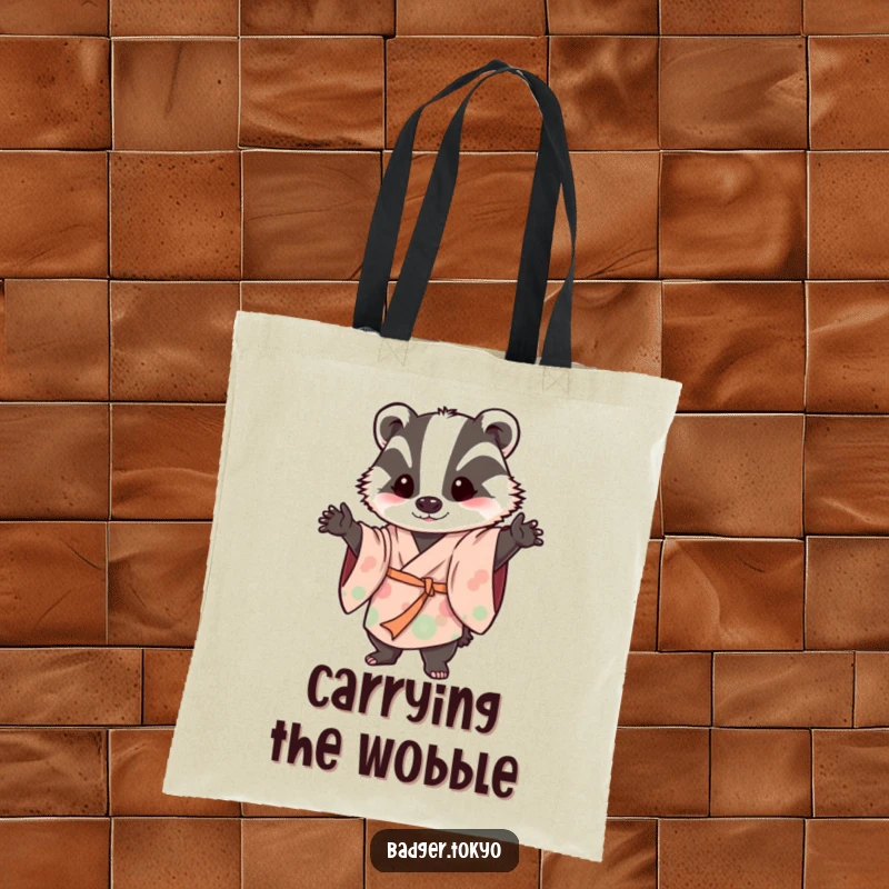 Funny tote bag with a badger in a flowing kimono striking a playful, wobbly pose, perfect for carrying items with humorous energy.