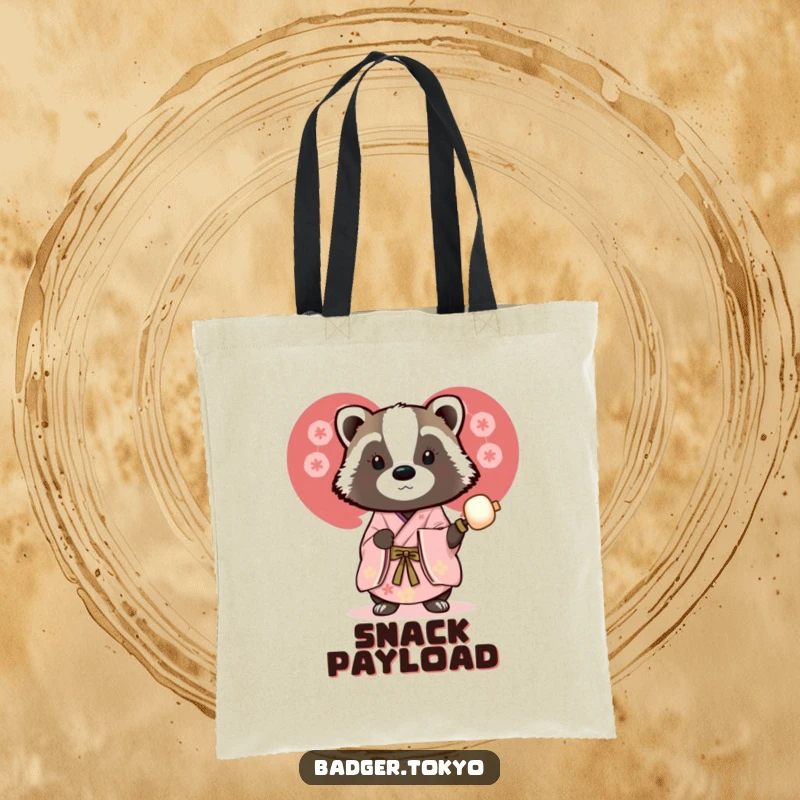 Funny tote bag with a badger in a beautiful kimono holding a dango skewer, perfect for carrying snacks with humorous flair.
